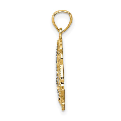 14k Yellow Gold White Rhodium Diamond-Cut Owl on the Moon Pendant for Women