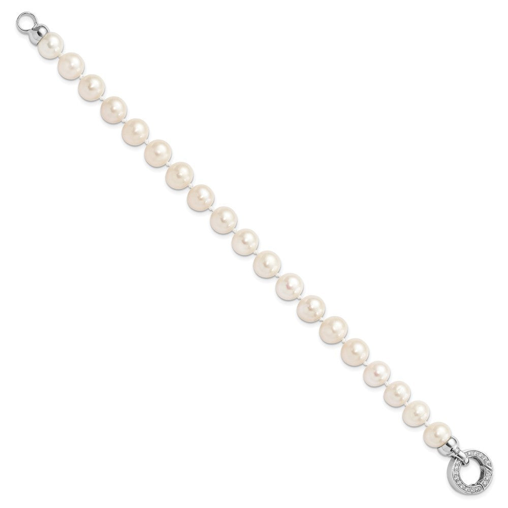Sterling Silver 9-10mm White Near-Round Cultured Pearl &CZ Fancy 7.5" Bracelet