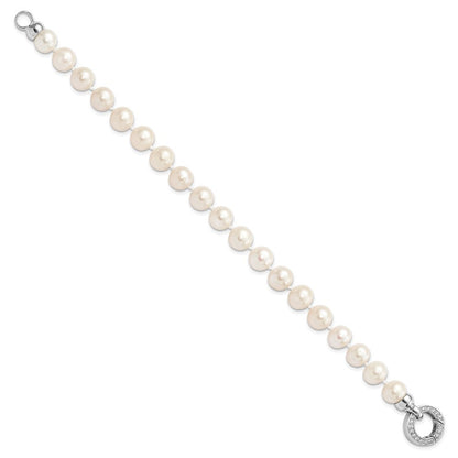 Sterling Silver 9-10mm White Near-Round Cultured Pearl &CZ Fancy 7.5" Bracelet