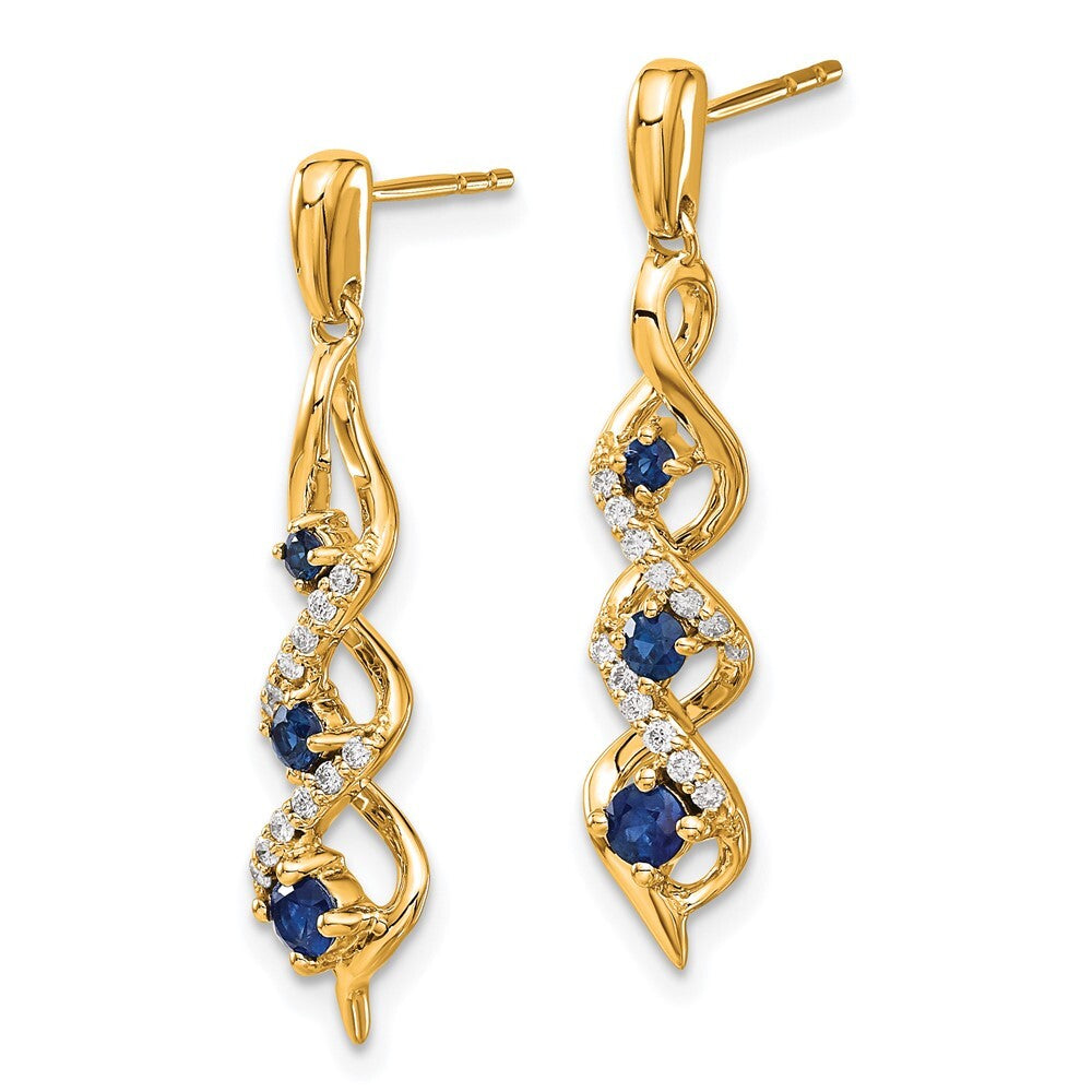 14k Yellow Gold Diamond and Blue Sapphire Dangle Earrings