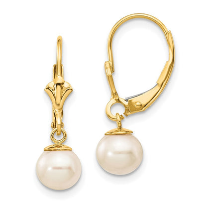 14k Yellow Gold 6-7mm Freshwater Cultured Pearl Dangle Leverback Earrings