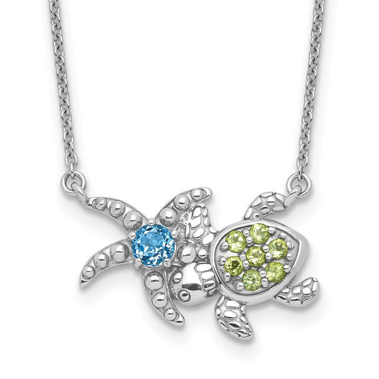 Sterling Silver Peridot &Light Swiss Blue Topaz Turtle Starfish 18.75" Necklace