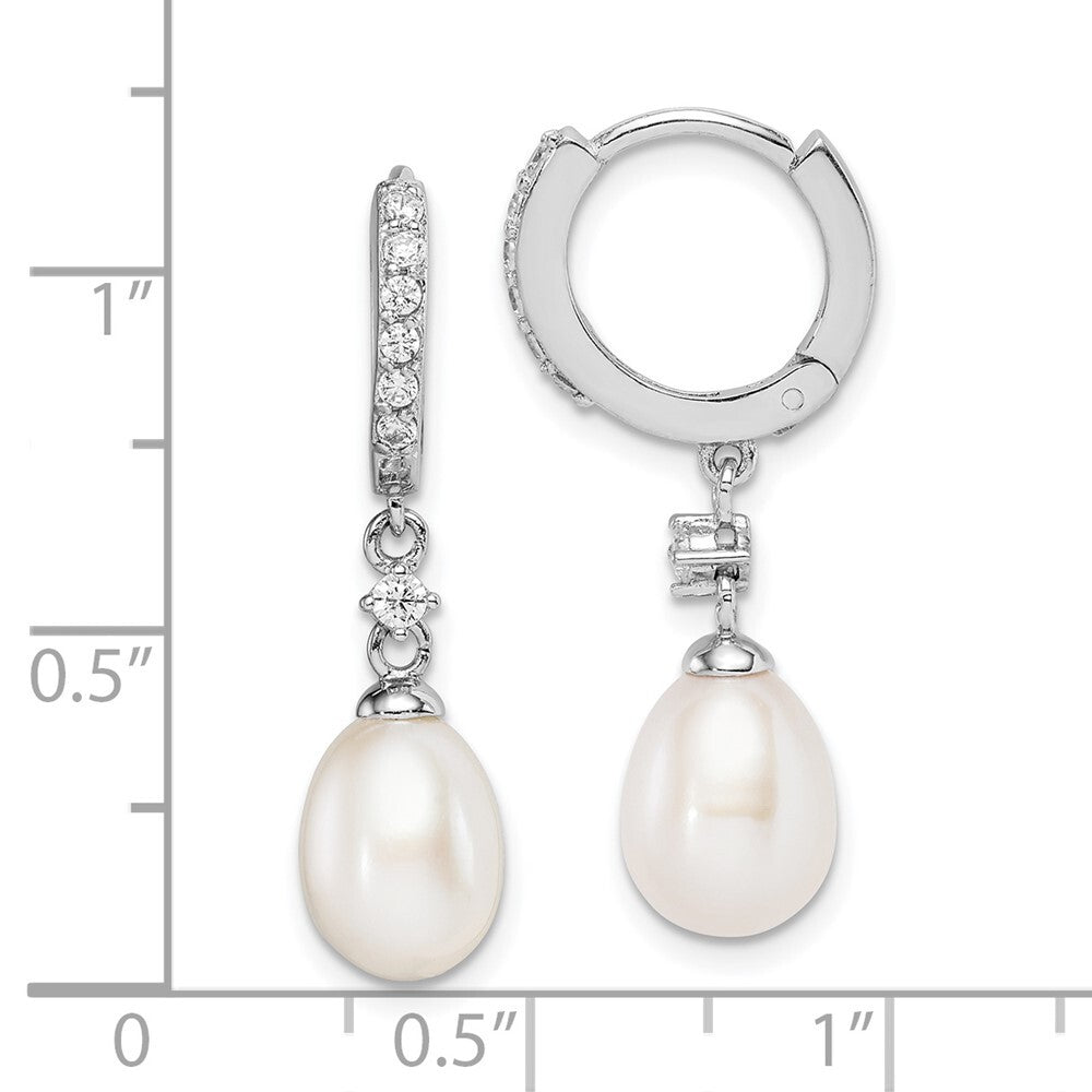 Sterling Silver 7-8mm White Cultured Pearl & Cubic Zirconia Hoop Dangle Earrings