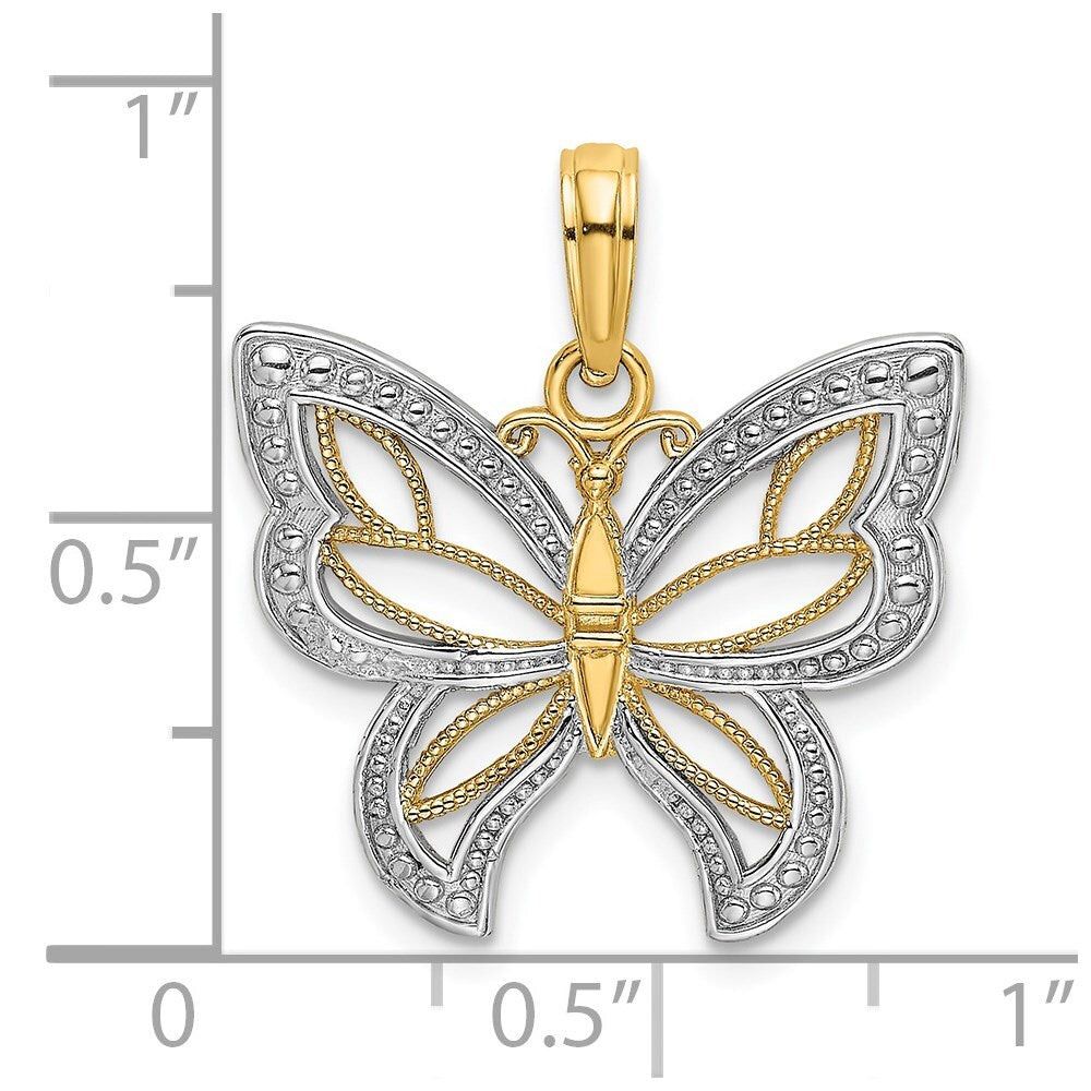 14k Yellow Gold Rhodium Butterfly  White Beaded Wings Charm Pendant
