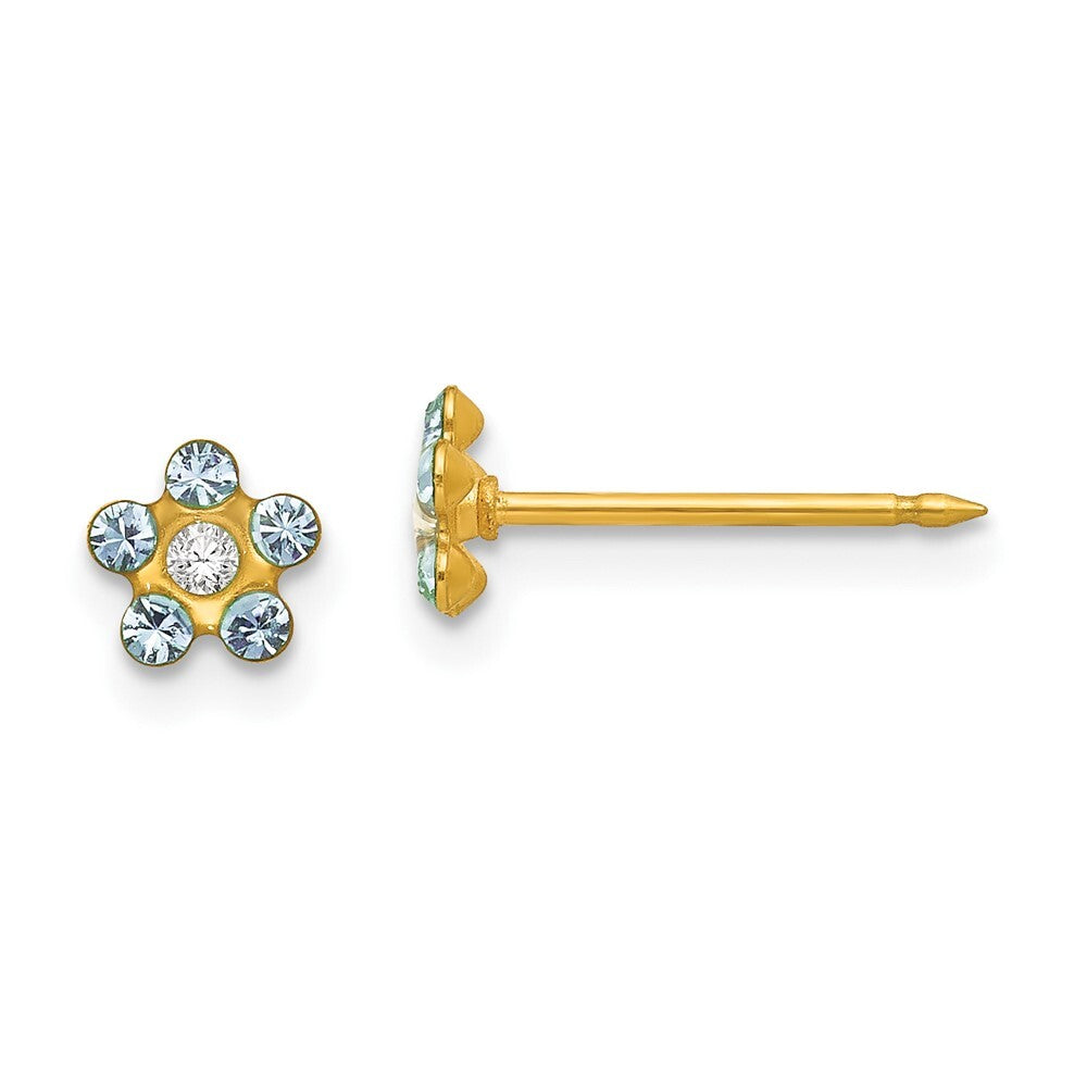 14k Yellow Gold March Lt Blue Crystal Birthstone Flower Stud Earrings