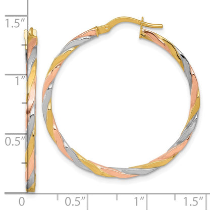 14k Yellow Gold with Rose & Rhodium Polished Twisted Tube Hoop Earrings