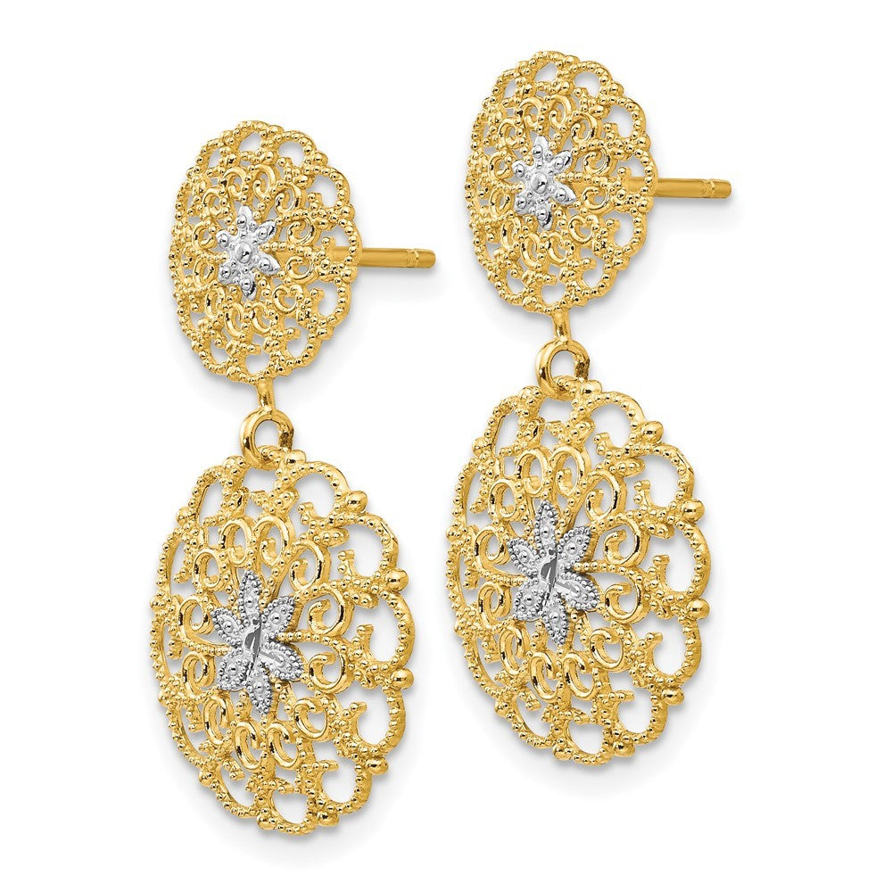 14k Yellow Gold w/Rhodium Diamond-Cut Filigree Medallion Drop Earrings
