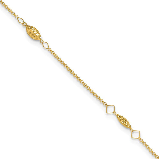 14k Yellow Gold Diamond-cut Rice Puff Beads 4-Station 11" Anklet