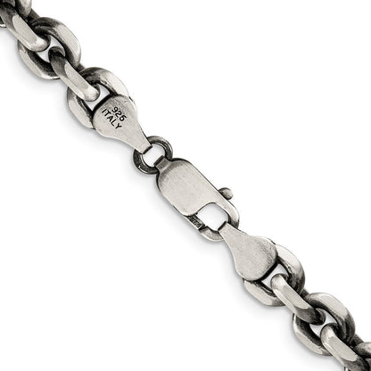 Sterling Silver Antiqued 7.0mm Diamond-Cut Elongated Open Link Chain Necklace