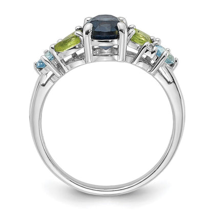 SS Rhodium London Lt.Swiss Blue/White Topaz and Peridot Ring Size 7
