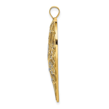 14k Yellow Gold with White Rhodium Diamond-cut Large Filigree Heart Pendant