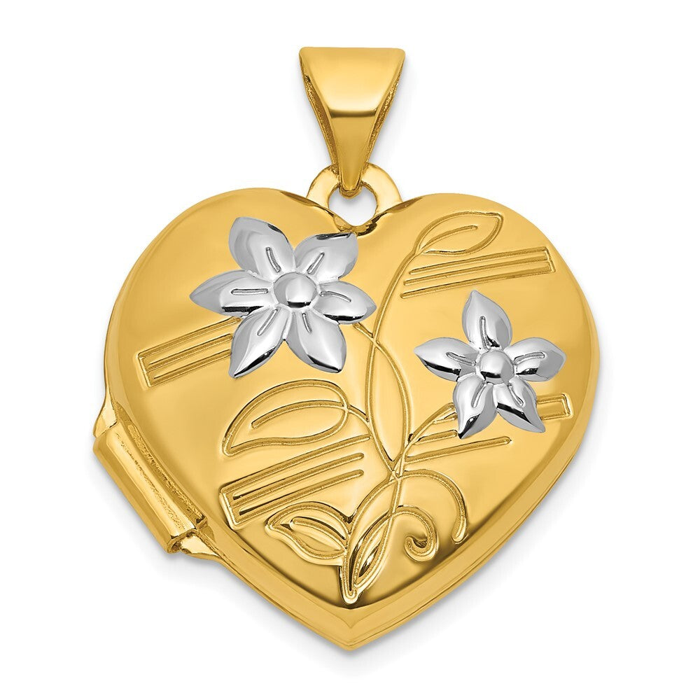 14k Yellow Gold and Rhodium Polished Floral 18mm Heart Locket Pendant for Women