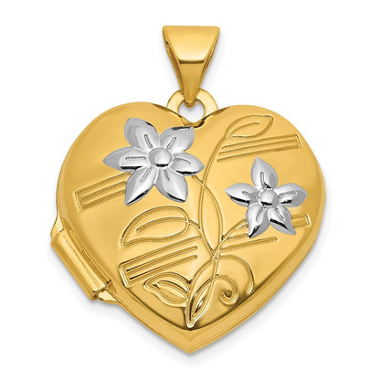 14k Yellow Gold and Rhodium Polished Floral 18mm Heart Locket Pendant for Women