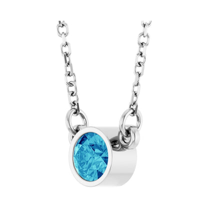 14k White Gold Natural Blue Zircon Solitaire Pendant Necklace 16"