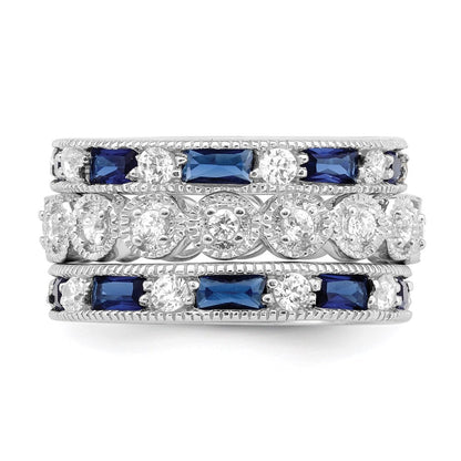 Sterling Silver Rhod-pltd Triple Band Blue/White/Clear Circle Center Ring Size 8