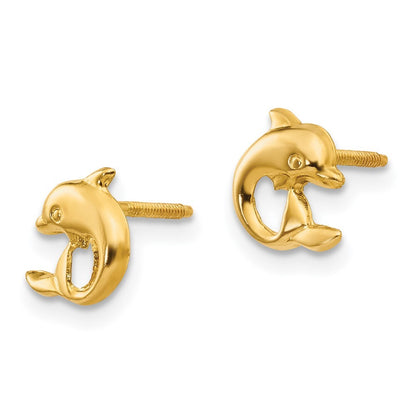 14k Yellow Gold Dolphin Screwback Stud Earrings Gift for Women