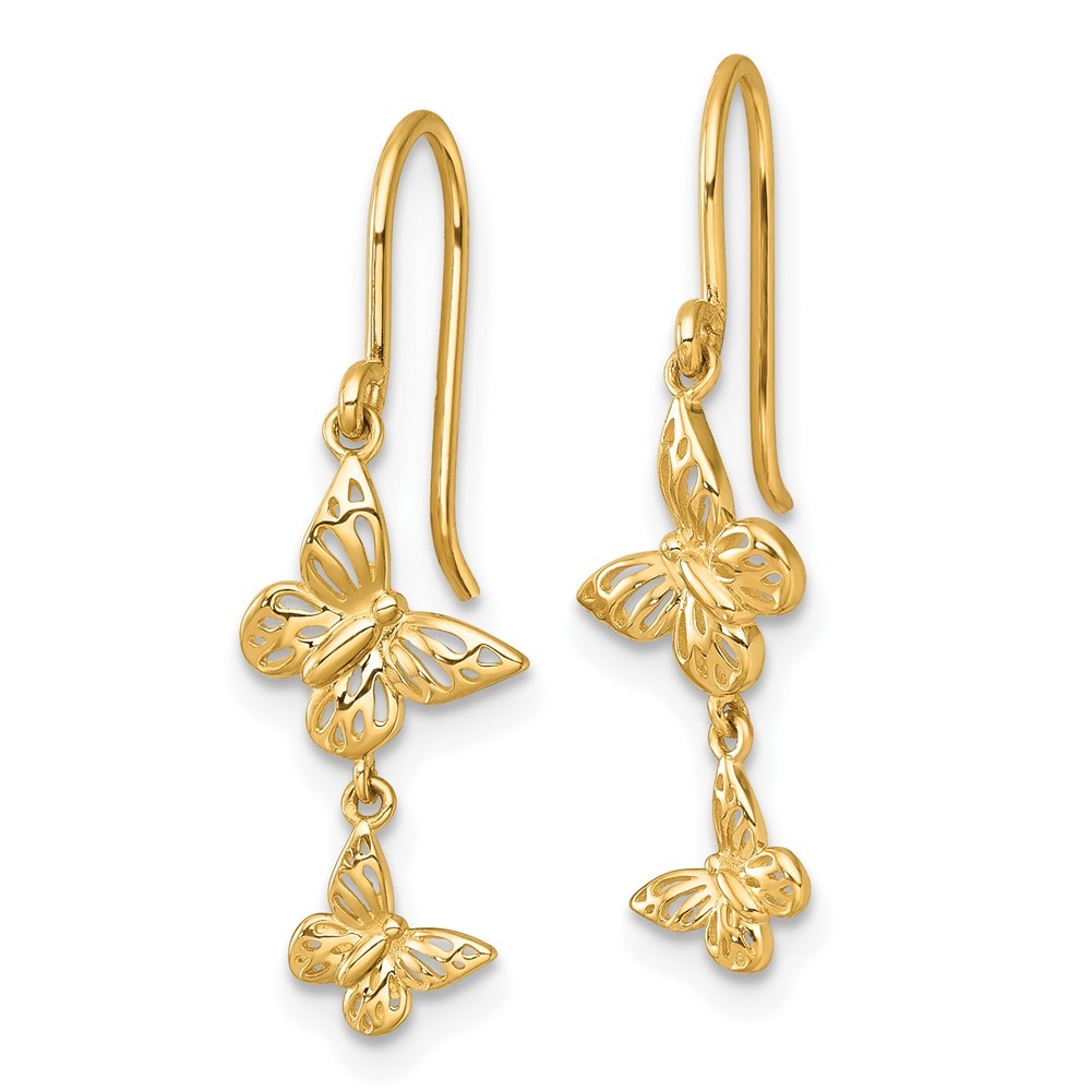 14k Yellow Gold Polished Double Butterfly Shepherd Hook Dangle Earrings
