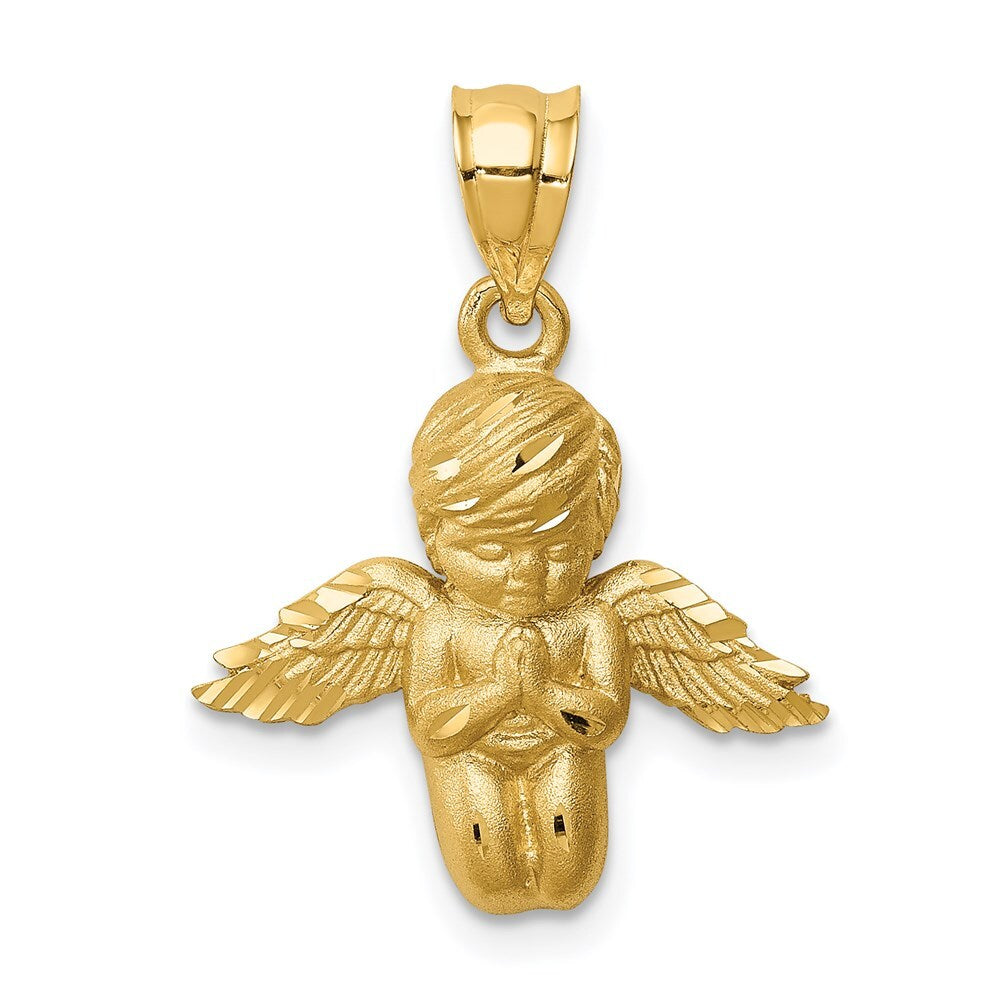 14k Yellow Gold Brushed & Diamond-cut Angel Pendant for Women