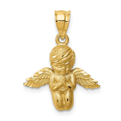 14k Yellow Gold Brushed & Diamond-cut Angel Pendant for Women