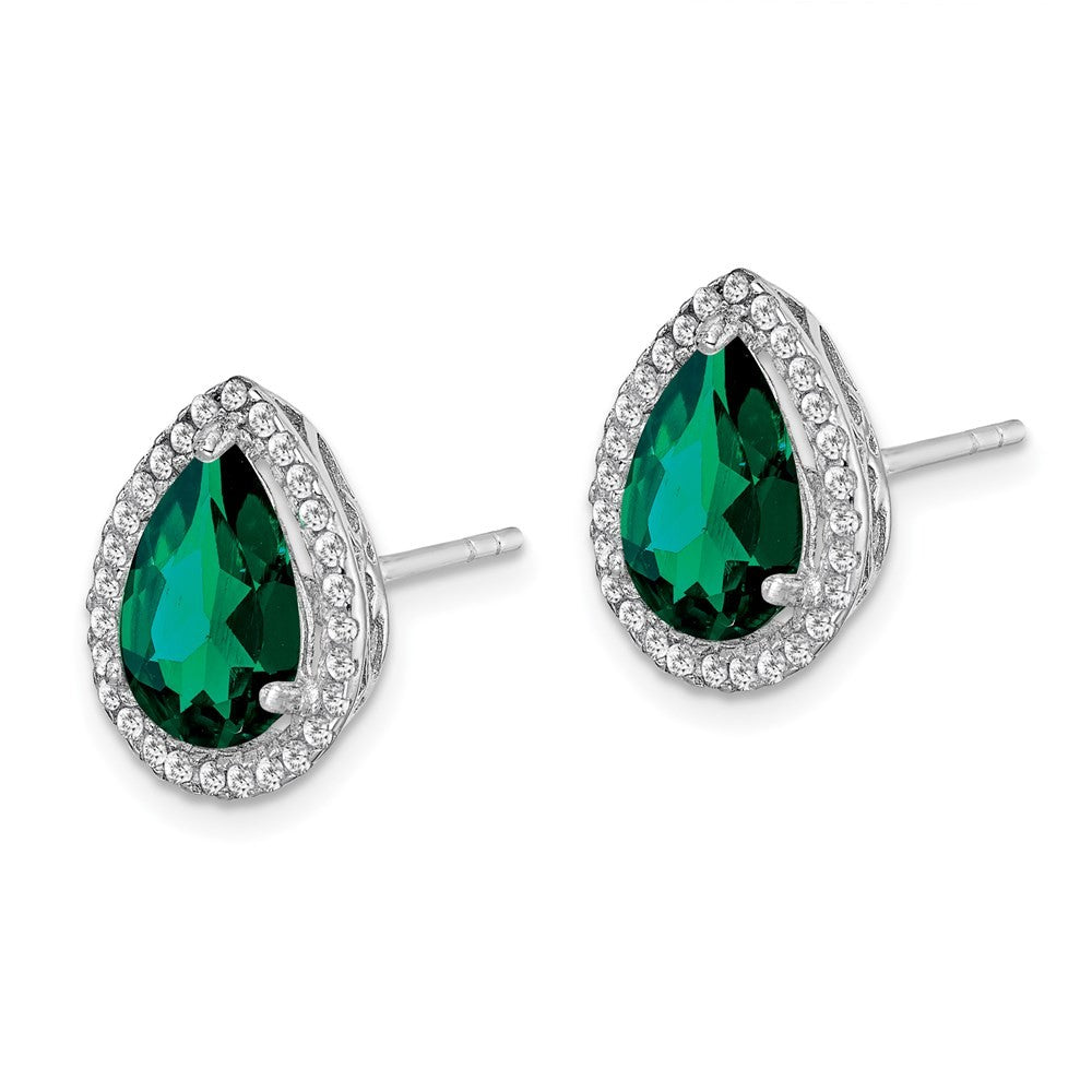 Sterling Silver Rhodium Simulated Emerald & CZ Earrings