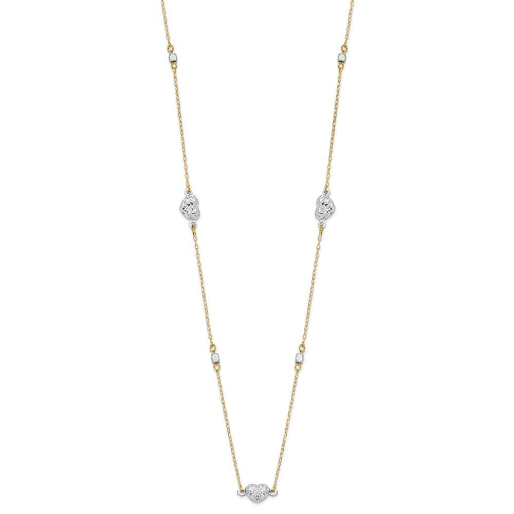 14K Two Tone Polished Diamond-Cut Hearts Necklace
