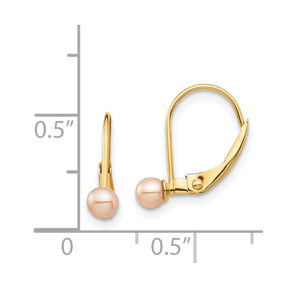 14k Yellow Gold 3-4mm Pink Round Freshwater Cultured Pearl Leverback Earrings