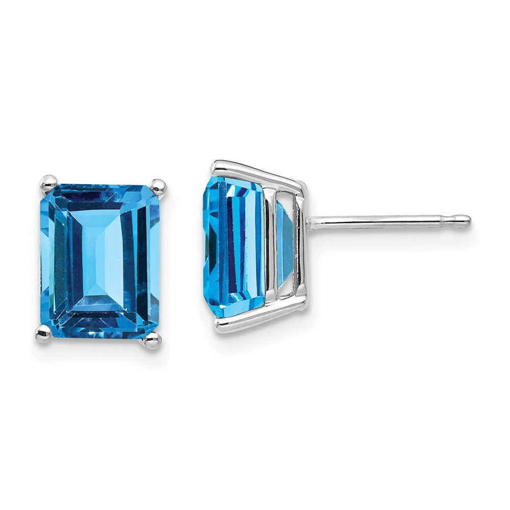 14k White Gold 9x7mm Emerald Cut Blue Topaz Stud Earrings Gift for Women