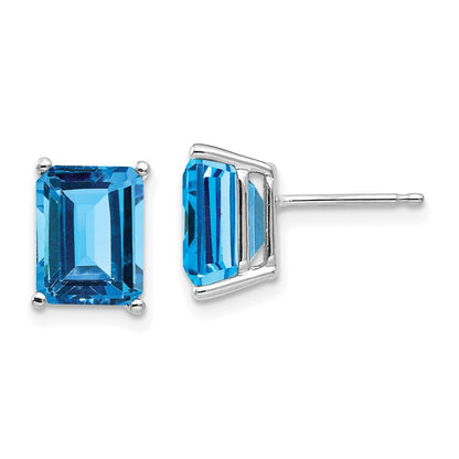 14k White Gold 9x7mm Emerald Cut Blue Topaz Stud Earrings Gift for Women
