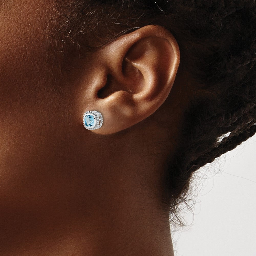 14k White Gold Cushion Blue Topaz Stud Earrings