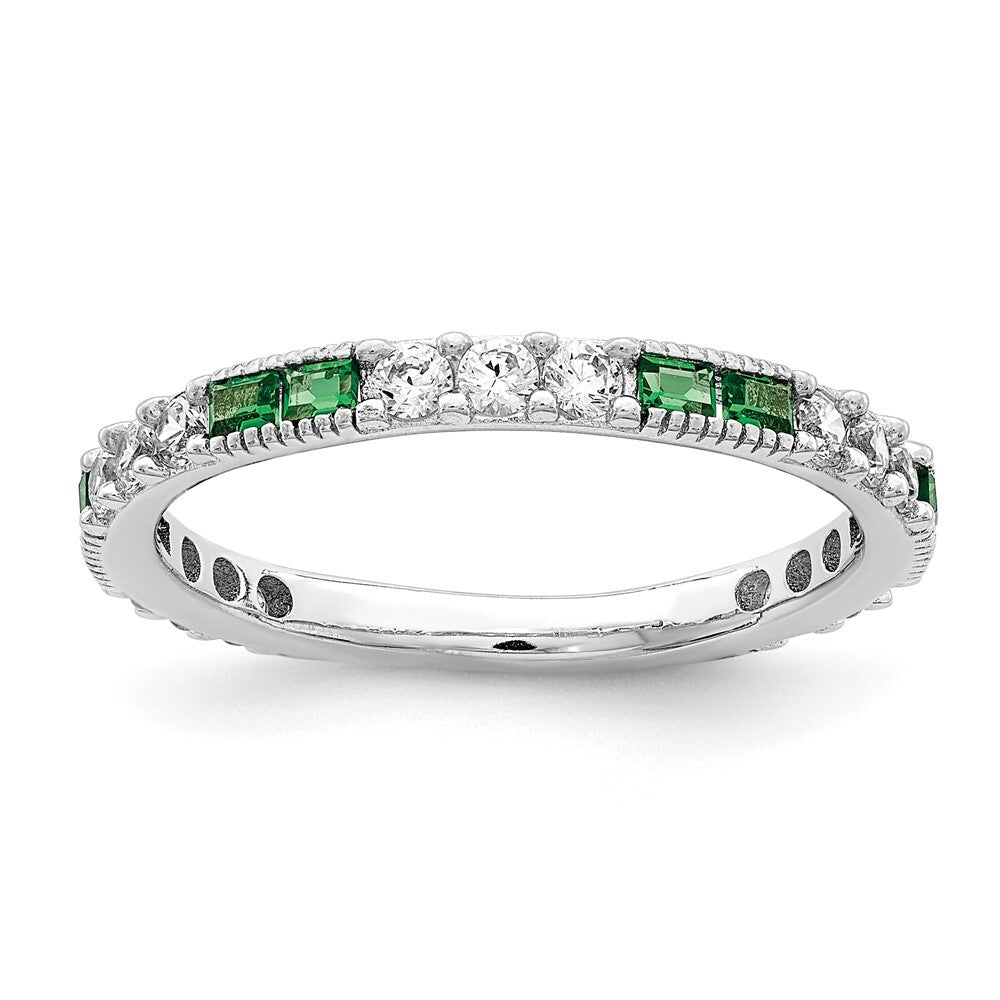 Sterling Silver Rhodium-plated Synthetic Green Spinel & Cubic Zirconia Band SZ 7