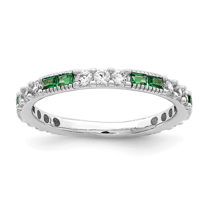 Sterling Silver Rhodium-plated Synthetic Green Spinel & Cubic Zirconia Band SZ 7