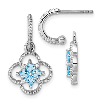 Sterling Silver Blue CZ Textured Removeable Clover J-Hoop Dangle Earrings