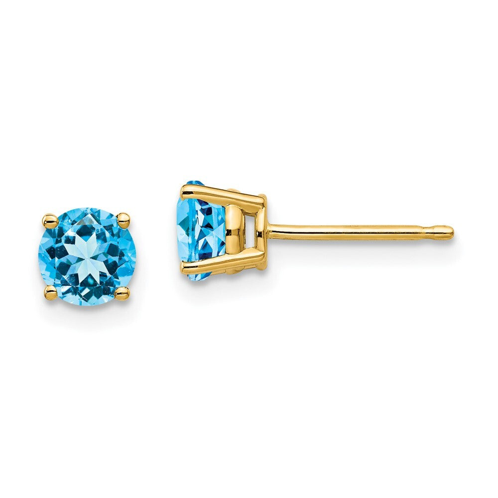 14k Yellow Gold 5mm Blue Topaz Stud Earrings Gift for Women