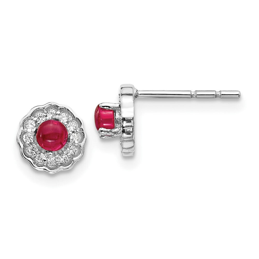 14k White Gold Diamond and Cabochon Ruby Stud Earrings Gift for Women
