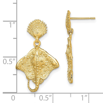 14k Yellow Gold Shell and Stingray Post Dangle Earrings