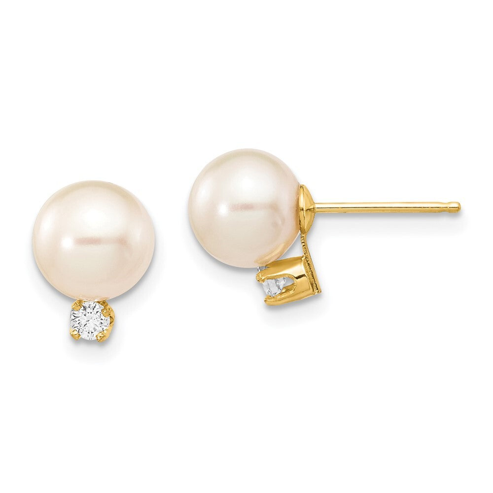 14k Yellow Gold 7-8mm Cultured Pearl & .10 Carat Diamond Stud Earrings for Women