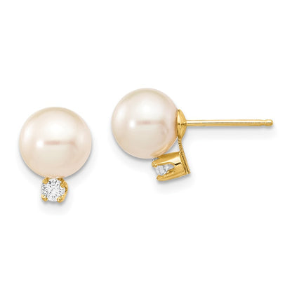 14k Yellow Gold 7-8mm Cultured Pearl & .10 Carat Diamond Stud Earrings for Women