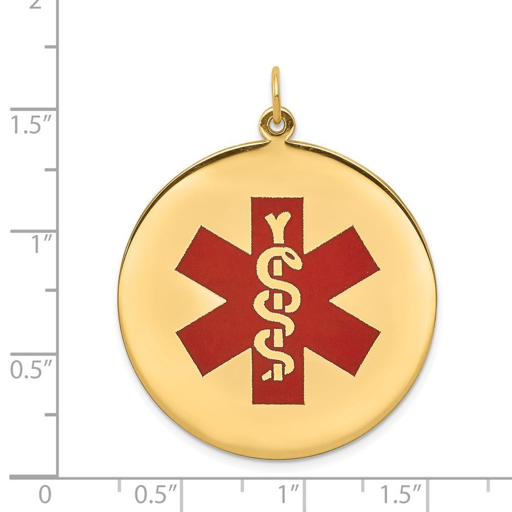 14k Yellow Gold 32mm Round Red Enameled Medical Jewelry Pendant
