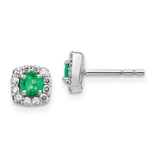 14k White Gold Diamond and Emerald Square Halo Stud Earrings
