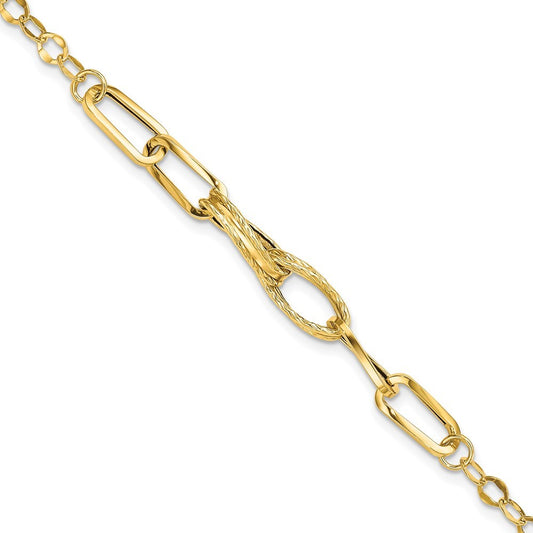 14k Yellow Gold Polished Textured Fancy Link 7.75 inch Bracelet
