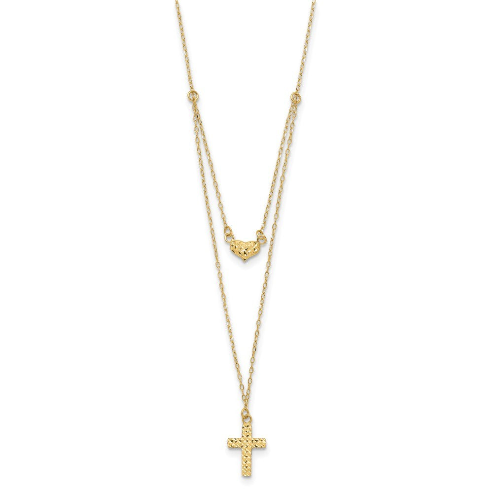 14k Yellow Gold Polished 2-Strand Diamond-Cut Cross & Heart w/2in. Ext. Necklace