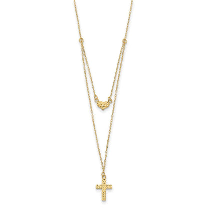 14k Yellow Gold Polished 2-Strand Diamond-Cut Cross & Heart w/2in. Ext. Necklace