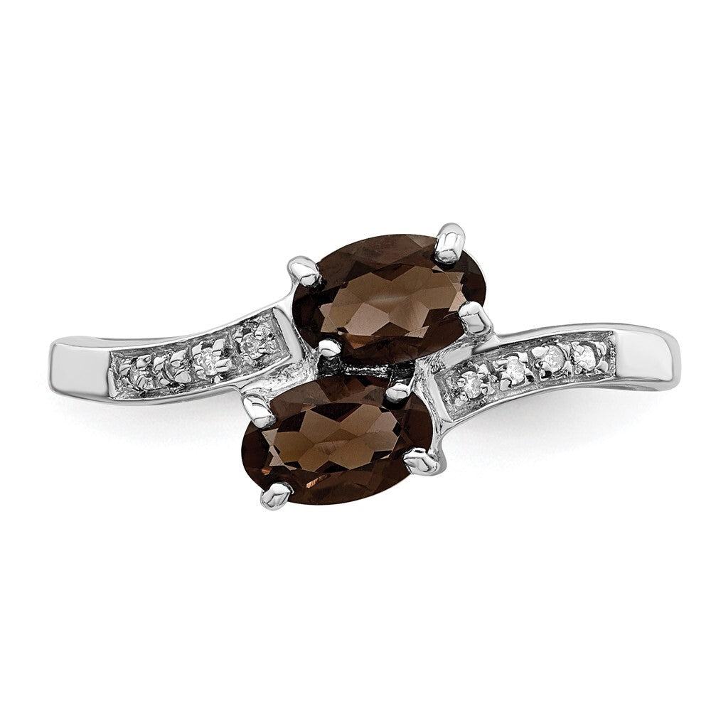 Sterling Silver Rhodium 2 Pear Smoky Quartz & Diamond Ring Size 8