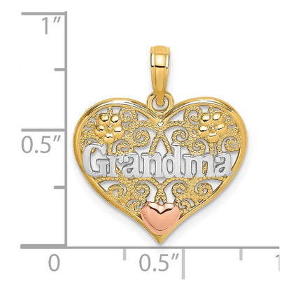 14k Two-tone Gold White Rhodium GRANDMA In Filigree Heart Charm Pendant