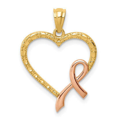 14k Yellow Gold Rose Rhodium Pink Ribbon with Heart Pendant for Women