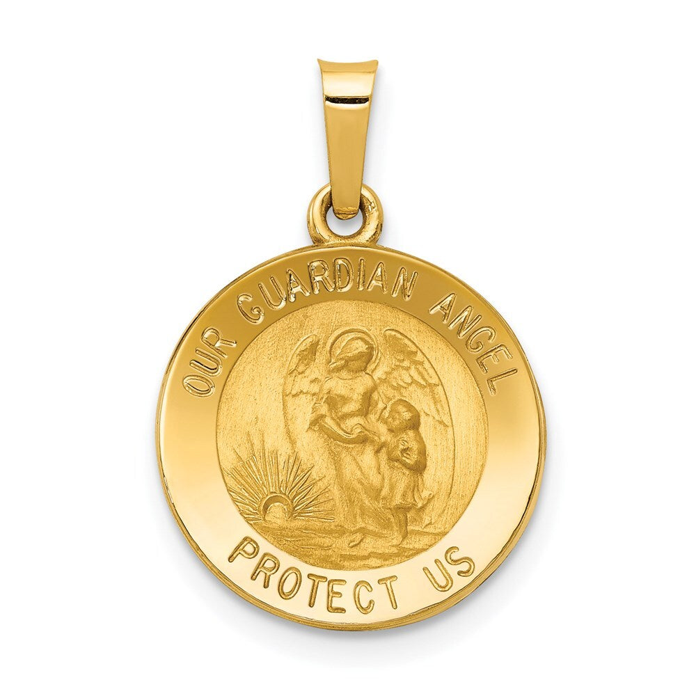 14k Yellow Gold Polished and Satin Our Guardian Angel Medal Hollow Pendant