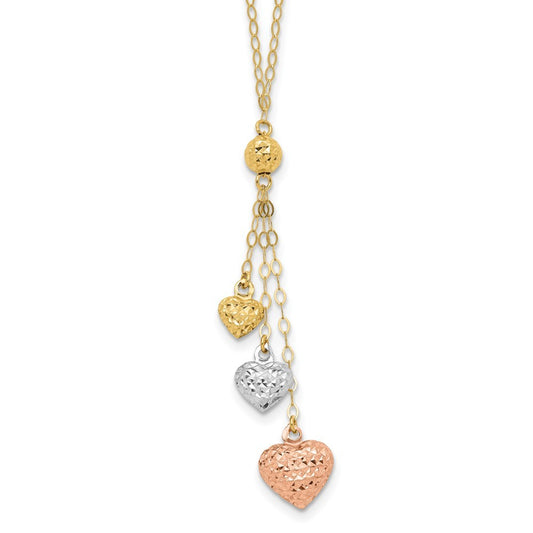 14k Tri-color Gold Puff Heart Lariat with 2in ext Necklace