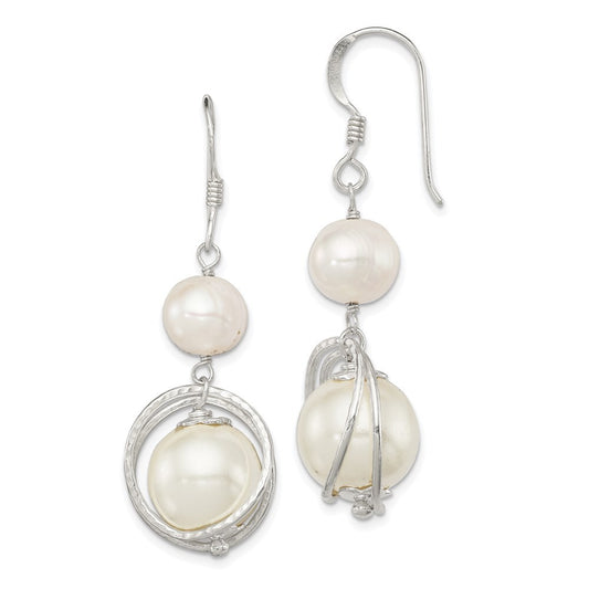 Sterling Silver Textured Freshwater Cultured Pearl Dangle Earrings