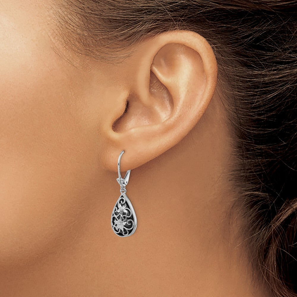 Sterling Silver RH-plated Diamond-cut Onyx Floral Teardrop Leverback Earrings