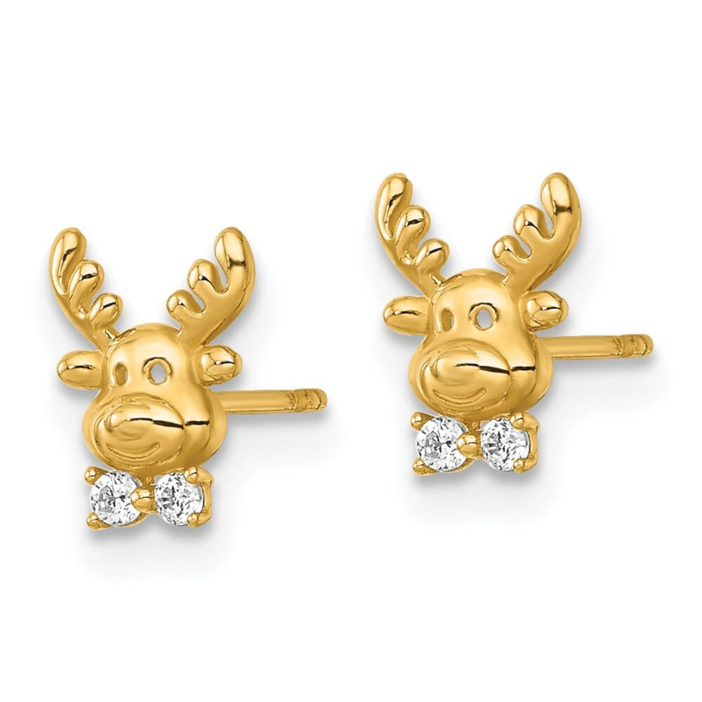 14k Yellow Gold Polished Cubic Zirconia Reindeer Stud Earrings Gift for Women